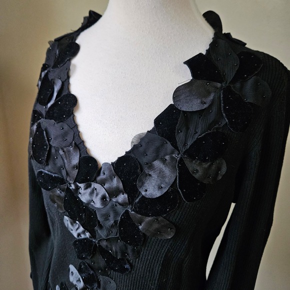 Vintage 90s Y2K Nygard Collection Black Ribbed Embellished Silk Sweater Top L - Picture 3 of 10